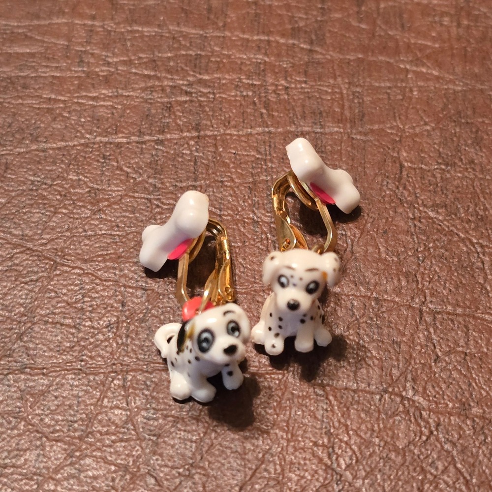 Vintage Dalmatian Puppy Dog Bone Clip On Earrings Gold Tone White Spotted Dangle